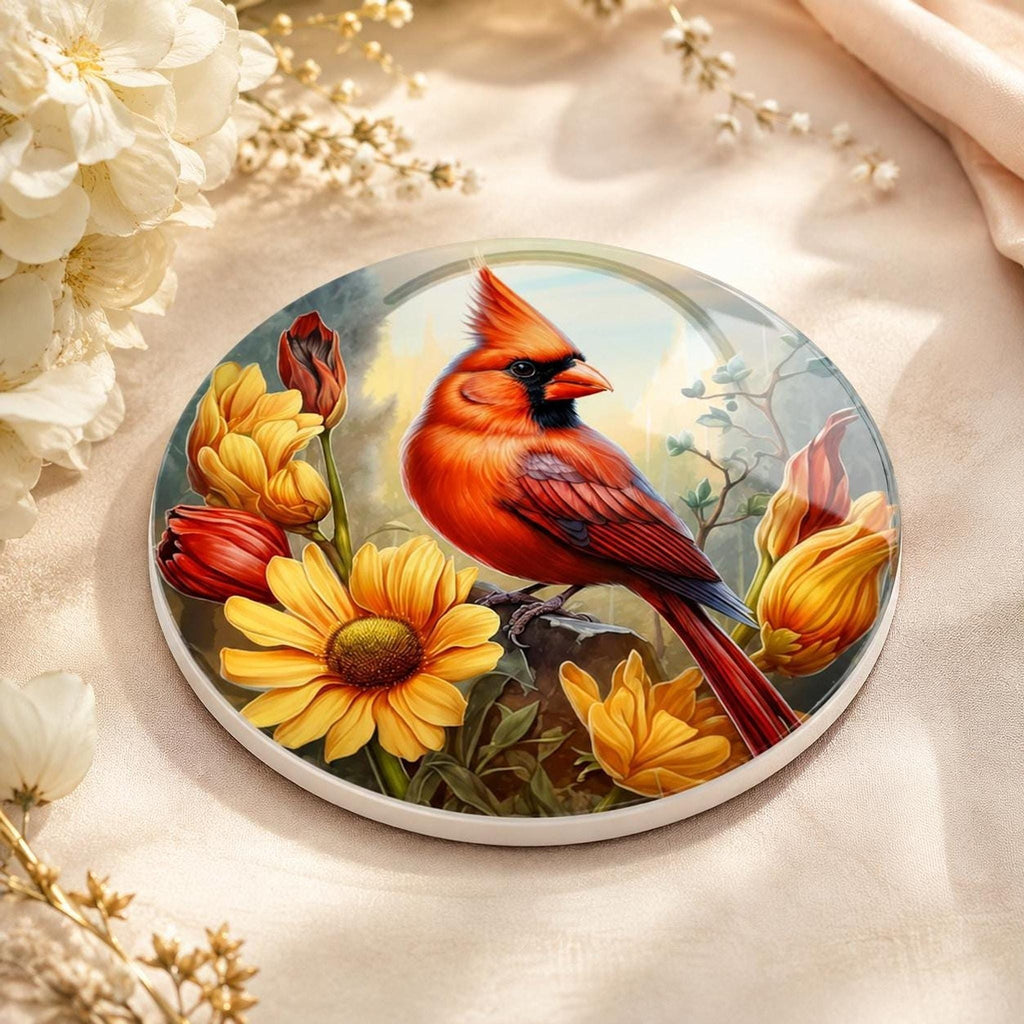Cardinal Bird Decor Ceramic Coaster, Red Floral Artwork, Glossy Or Matte Finish