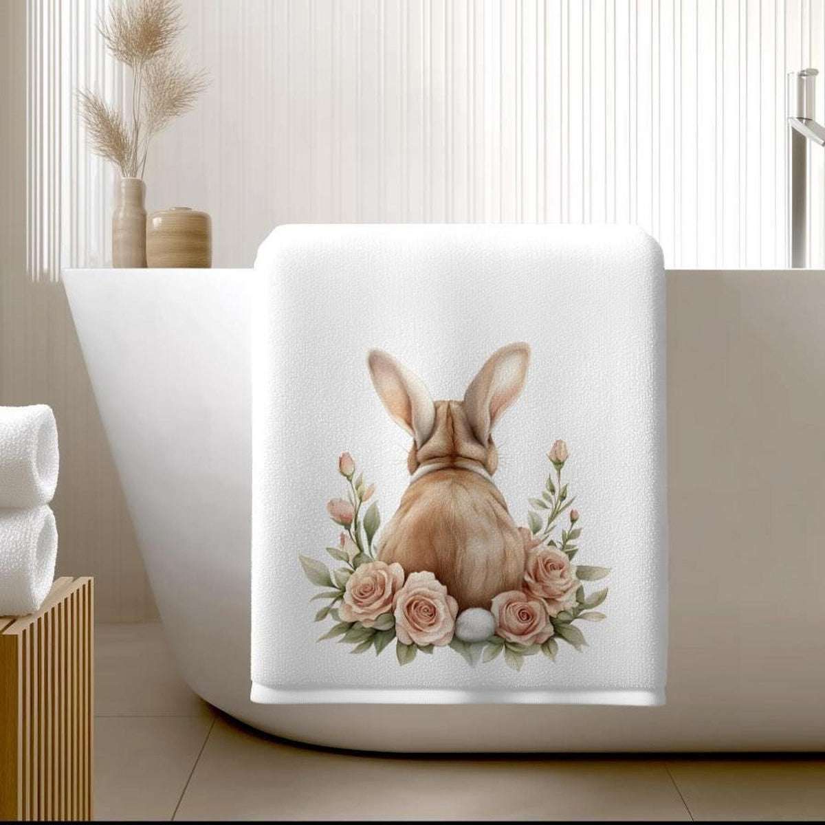 Bunny Bath Towel, Floral Spring Decor with Soft Cotton Terrycloth