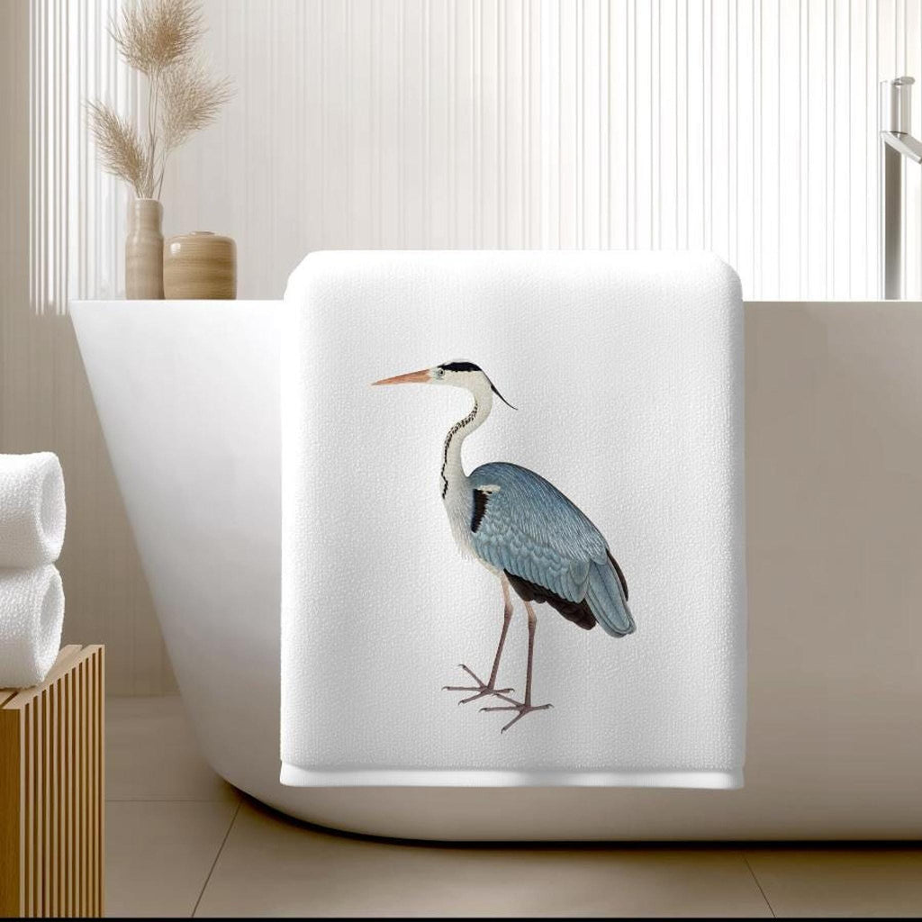 Blue Heron Towel, Elegant Bird Design on Soft Cotton Terrycloth
