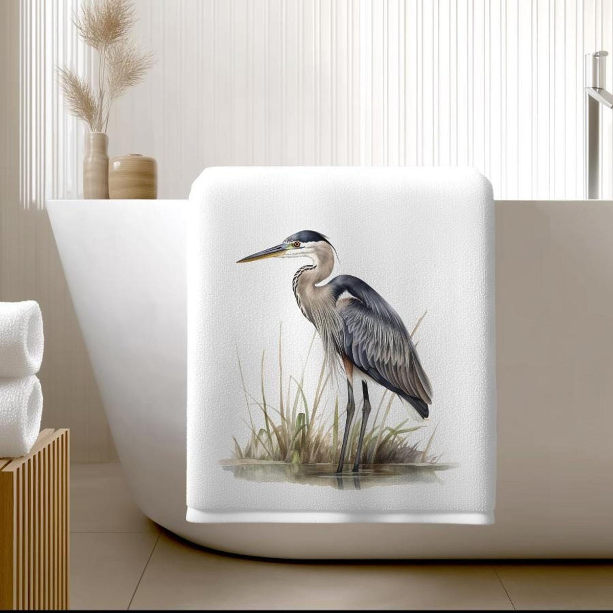 Blue Heron Towel: Plush Bath Decor for Bird Lovers