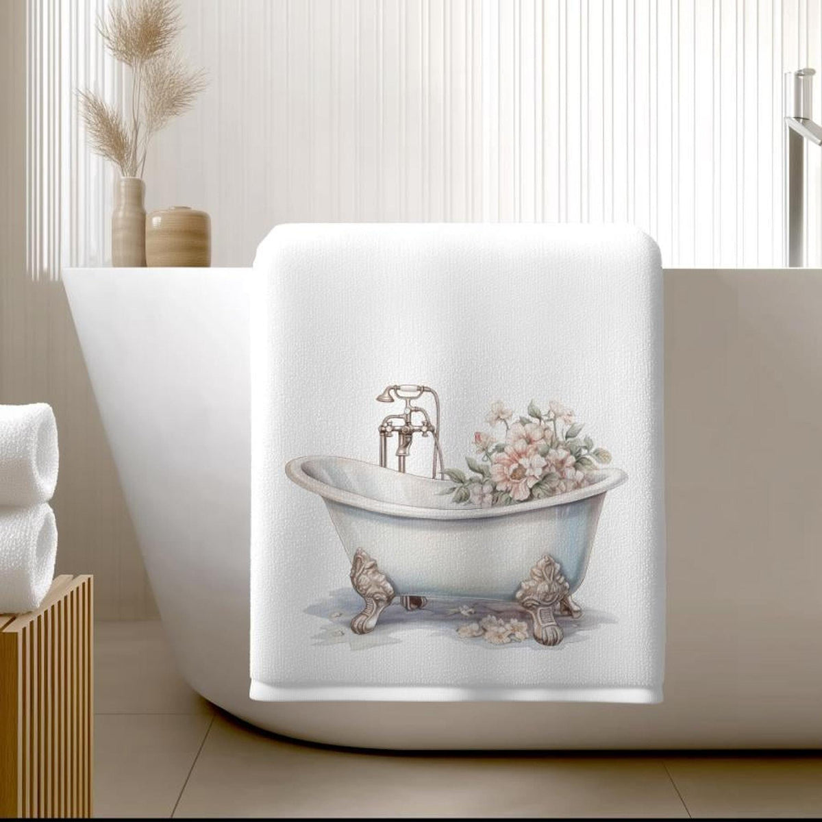 Vintage Bath Towel with Floral Design, Elegant Home Decor