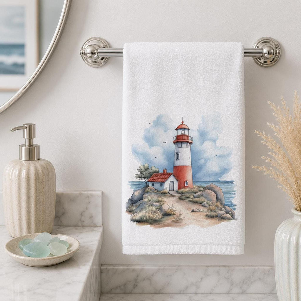 Fingertip Towel, Lighthouse Print, 11 x 18 Inch Cotton Terry Back