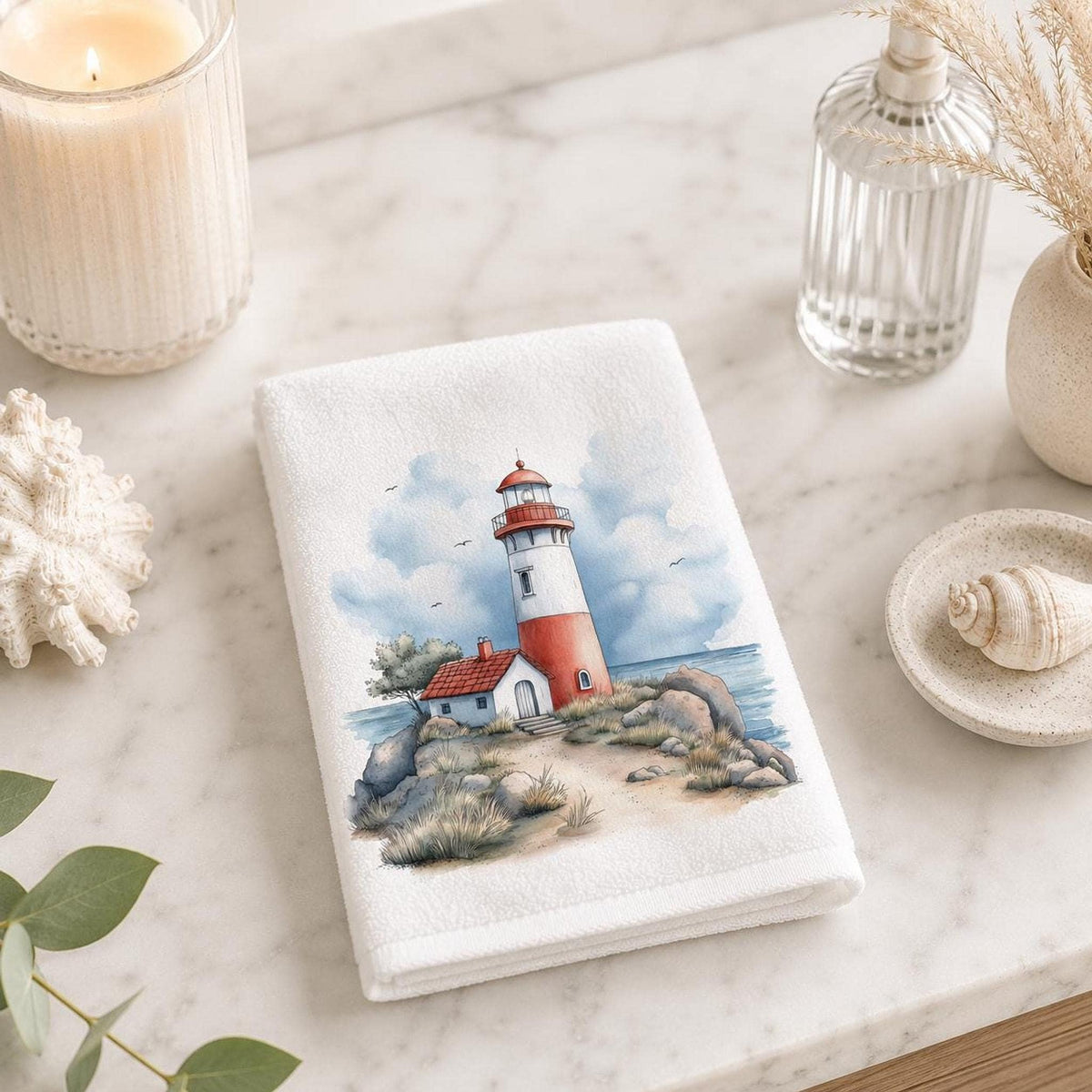 Fingertip Towel, Lighthouse Print, 11 x 18 Inch Cotton Terry Back