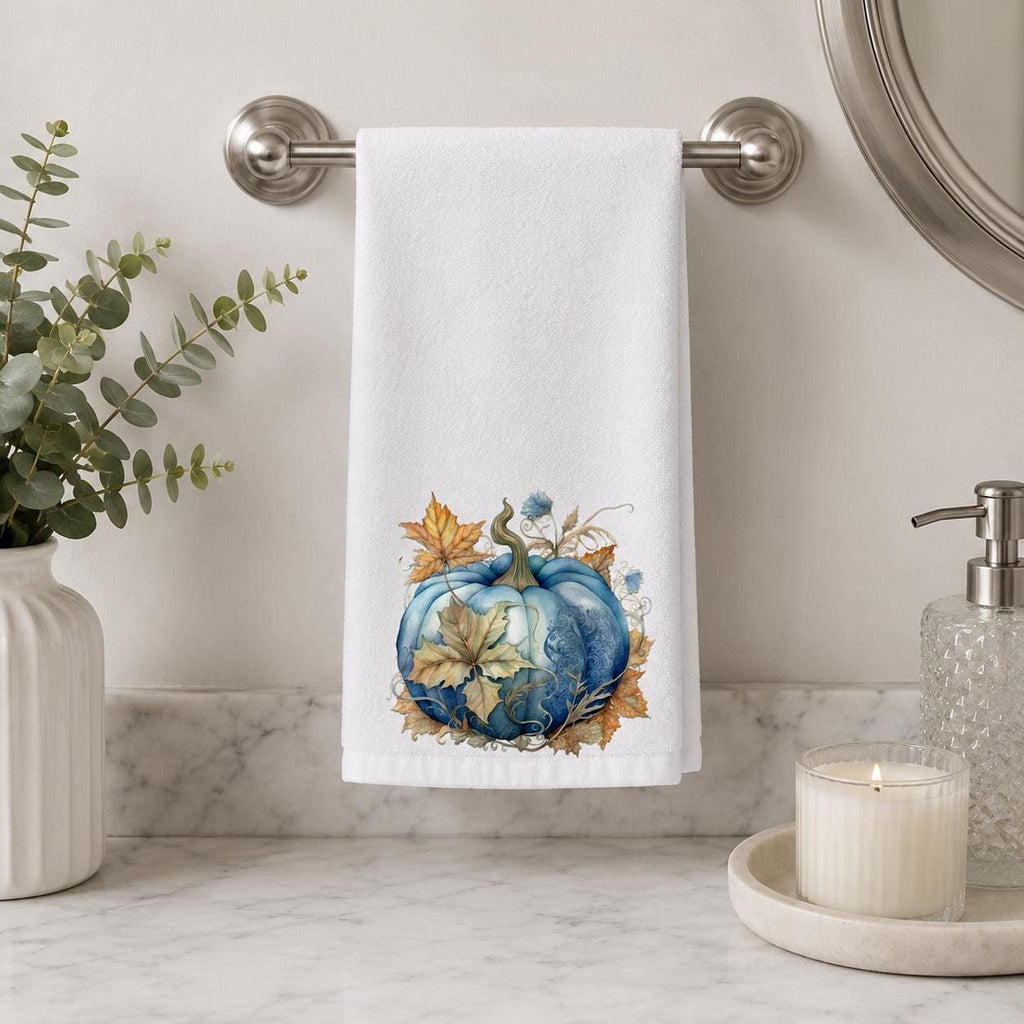 Fall Hand Towel with Blue Pumpkin Art, Luxury Kitchen and Bath Decor