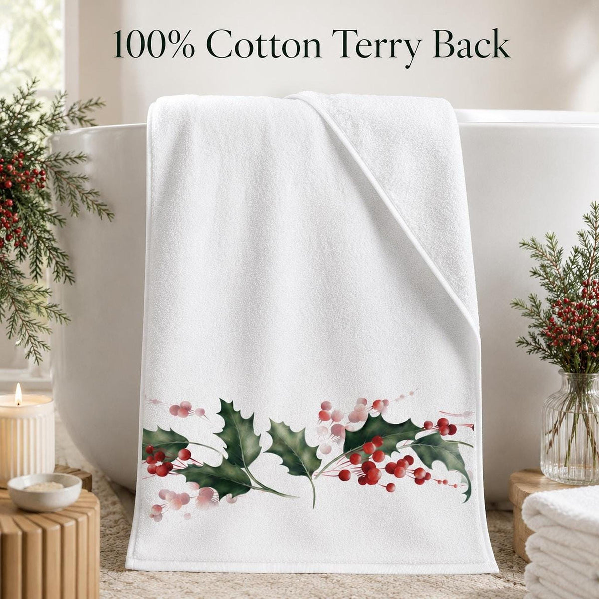 Christmas Holly Bath Towel, Watercolor Berry Bathroom Decor, Holiday Guest Towel, Winter Spa Gift