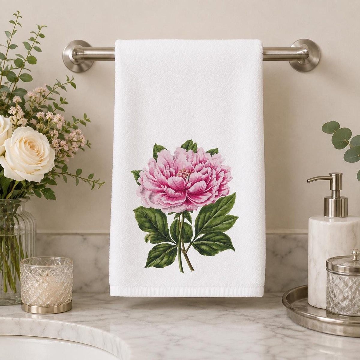 Peony Hand Towel, Pink Botanical Design, Sheared Polyester Front, 15 × 25 Inches
