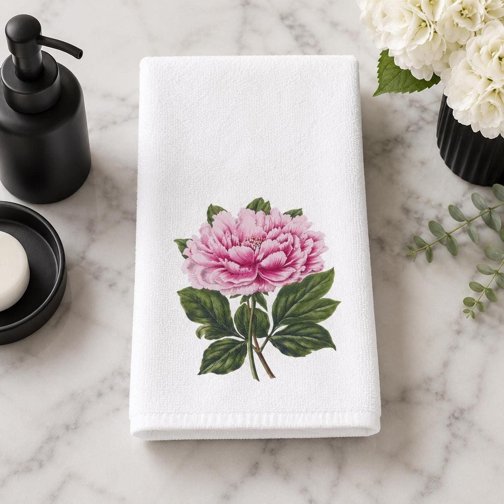 Peony Hand Towel, Pink Botanical Design, Sheared Polyester Front, 15 × 25 Inches