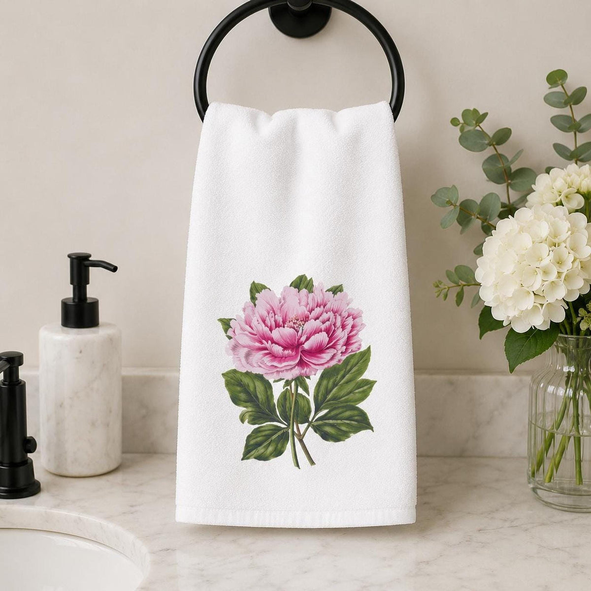 Peony Hand Towel, Pink Botanical Design, Sheared Polyester Front, 15 × 25 Inches