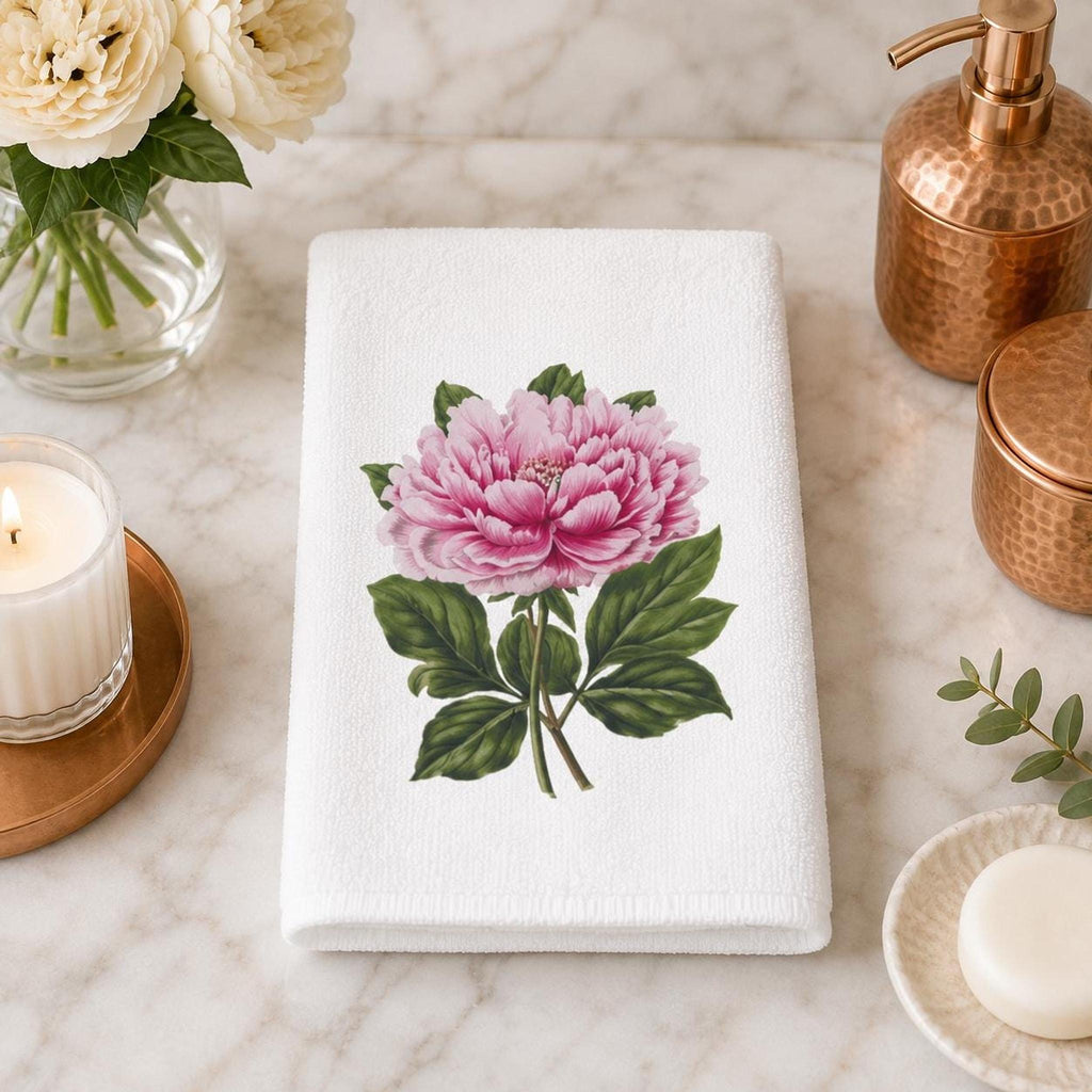 Peony Hand Towel, Pink Botanical Design, Sheared Polyester Front, 15 × 25 Inches