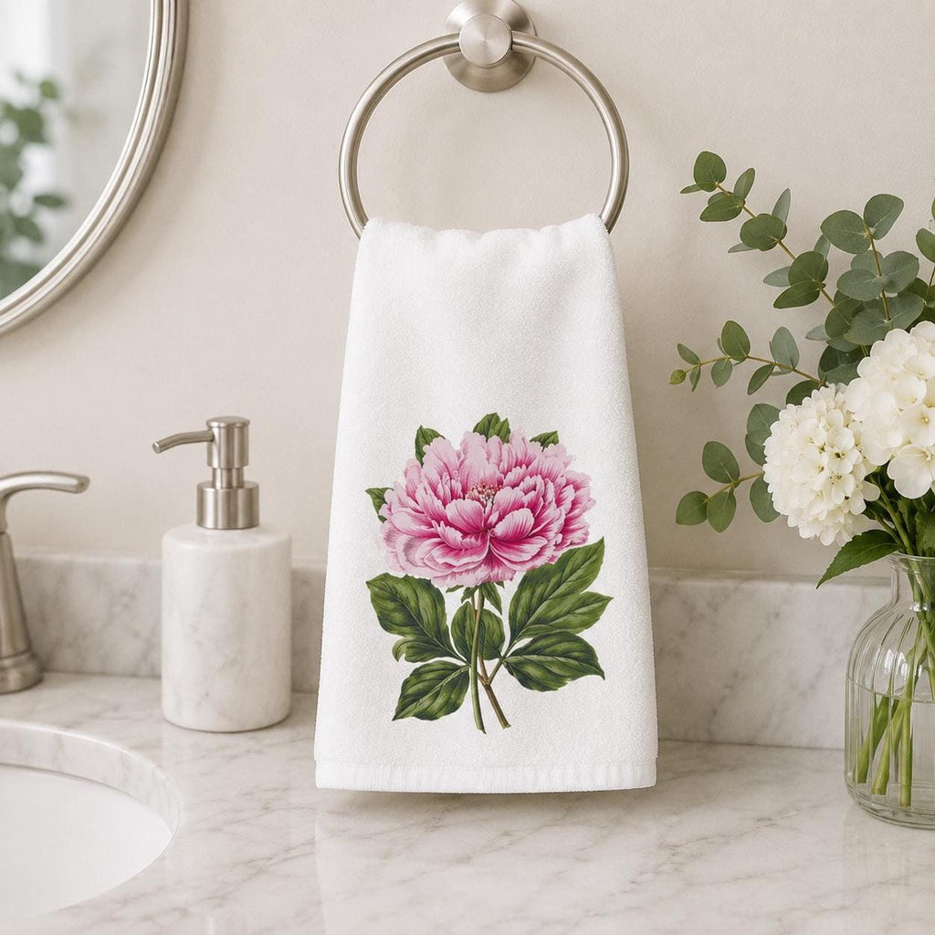 Peony Hand Towel, Pink Botanical Design, Sheared Polyester Front, 15 × 25 Inches