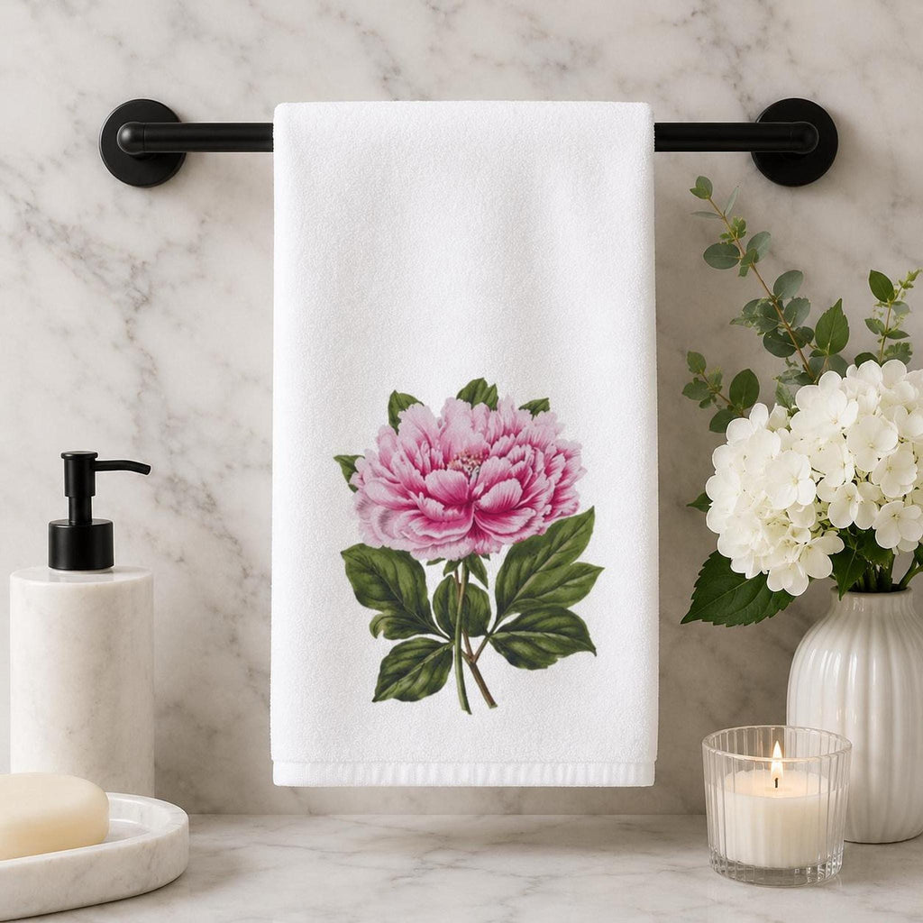Peony Hand Towel, Pink Botanical Design, Sheared Polyester Front, 15 × 25 Inches