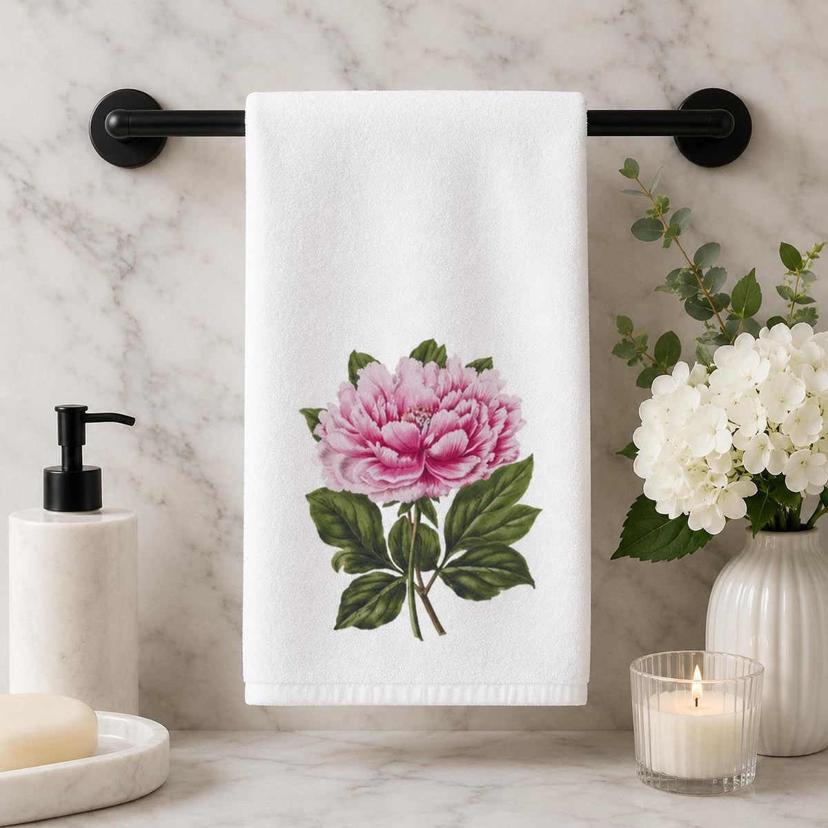 Peony Hand Towel, Pink Botanical Design, Sheared Polyester Front, 15 × 25 Inches