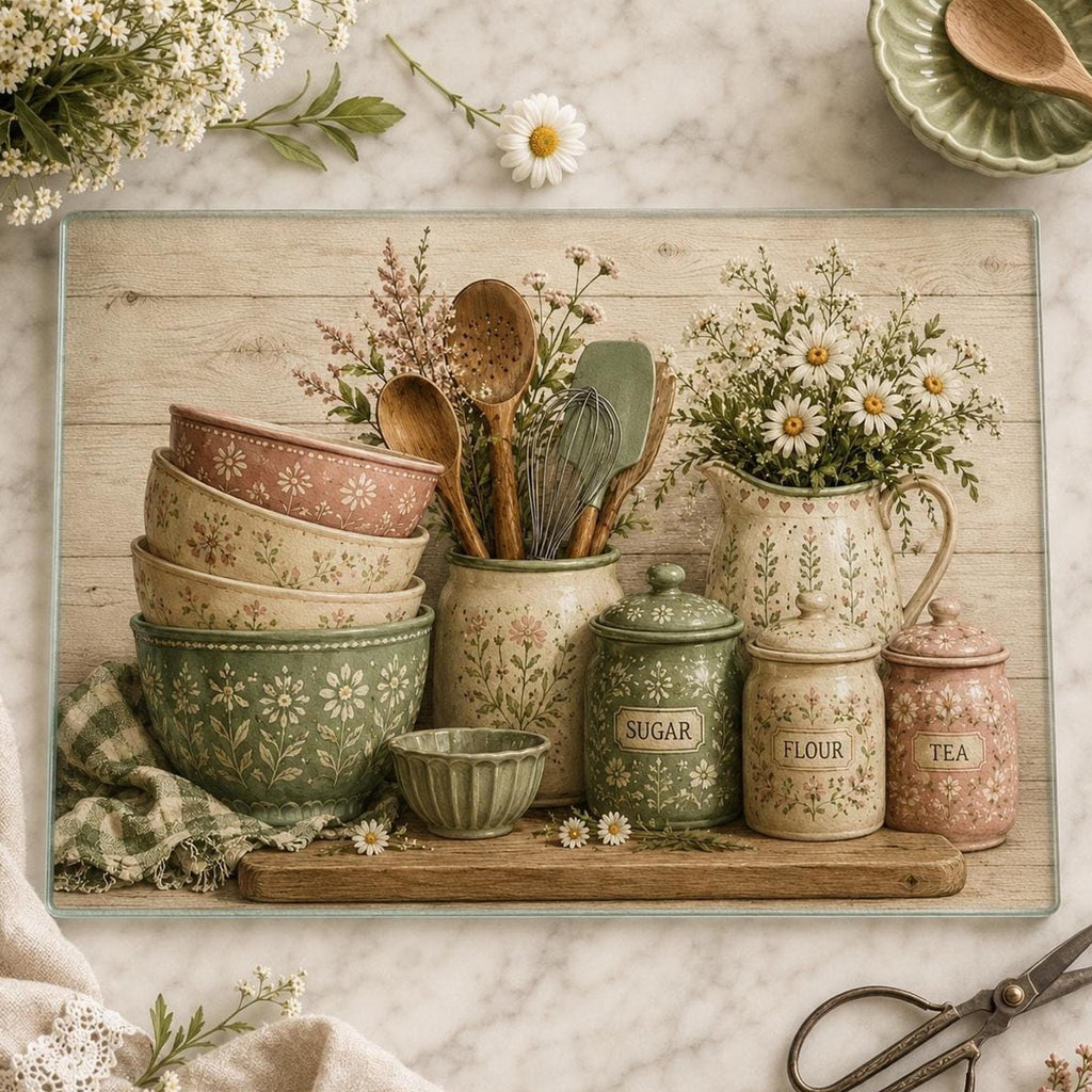 Glass Cutting Board, Chinchilla-Textured Surface, Cottage Kitchen Floral Design
