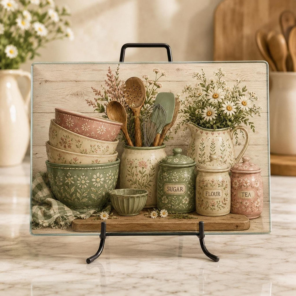 Glass Cutting Board, Chinchilla-Textured Surface, Cottage Kitchen Floral Design