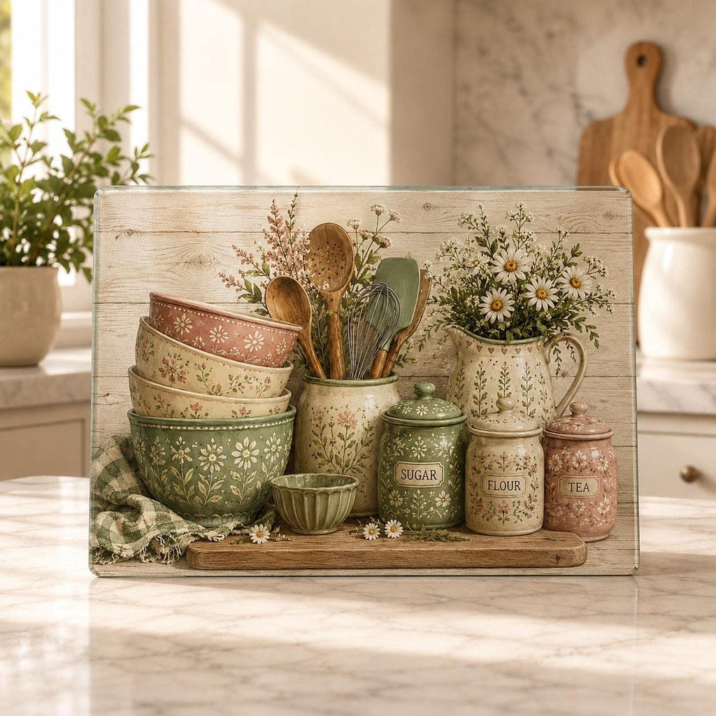 Glass Cutting Board, Chinchilla-Textured Surface, Cottage Kitchen Floral Design
