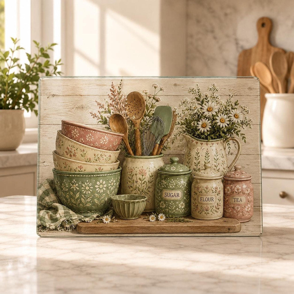 Glass Cutting Board, Chinchilla-Textured Surface, Cottage Kitchen Floral Design