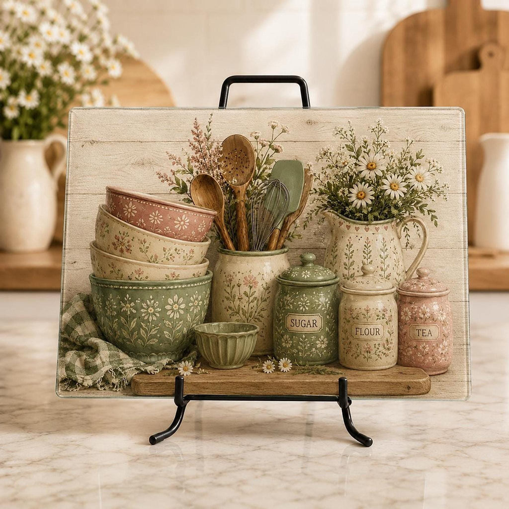 Glass Cutting Board, Chinchilla-Textured Surface, Cottage Kitchen Floral Design