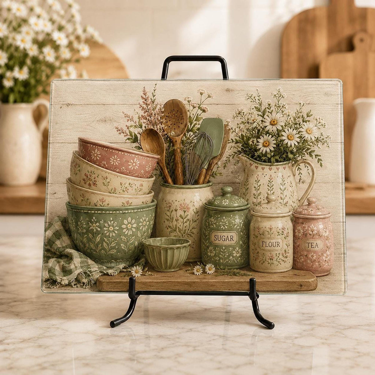 Glass Cutting Board, Chinchilla-Textured Surface, Cottage Kitchen Floral Design