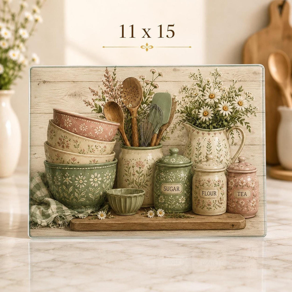 Glass Cutting Board, Chinchilla-Textured Surface, Cottage Kitchen Floral Design
