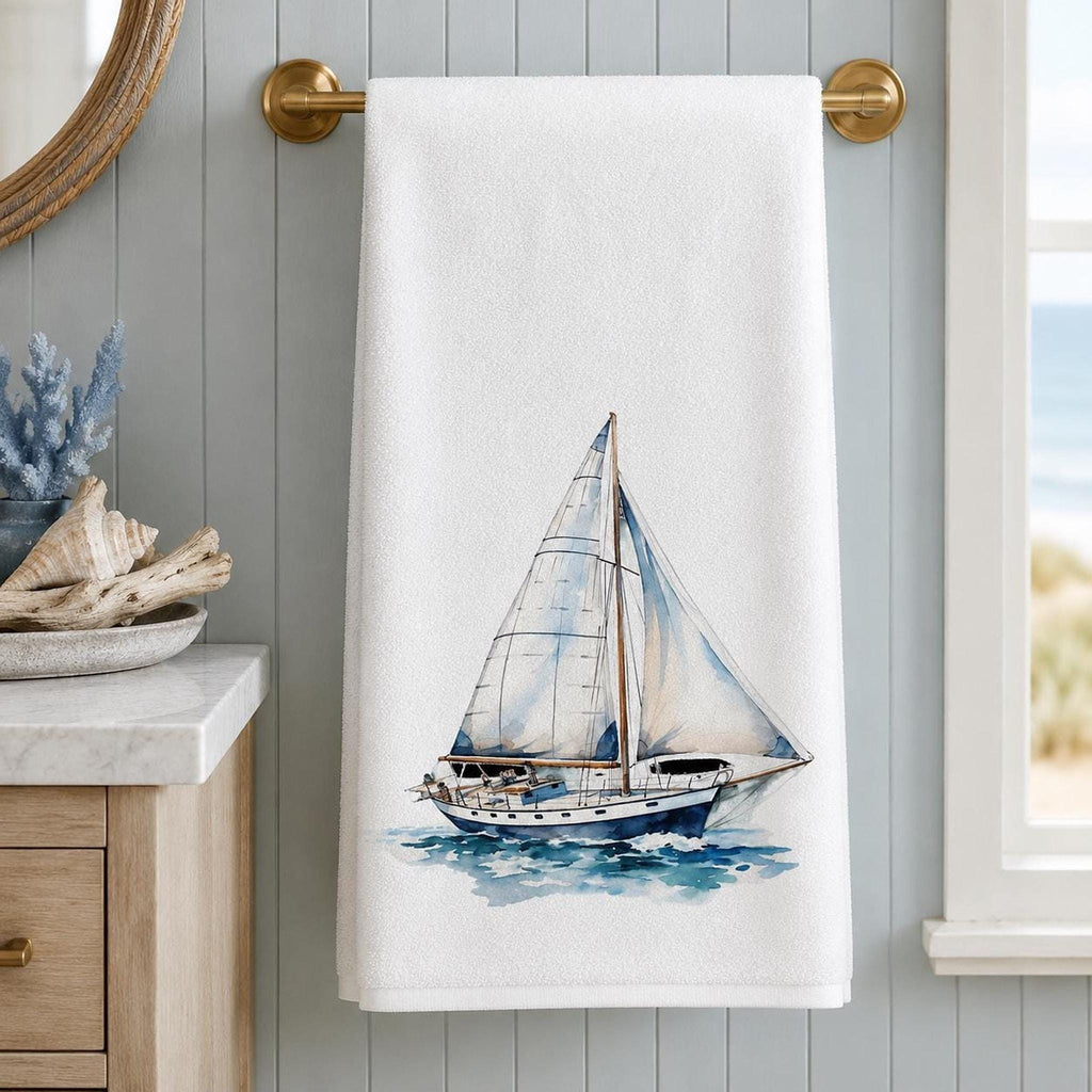 Powder Room Decor Watercolor Sailboat Bath Towel, Cotton Terry Cloth