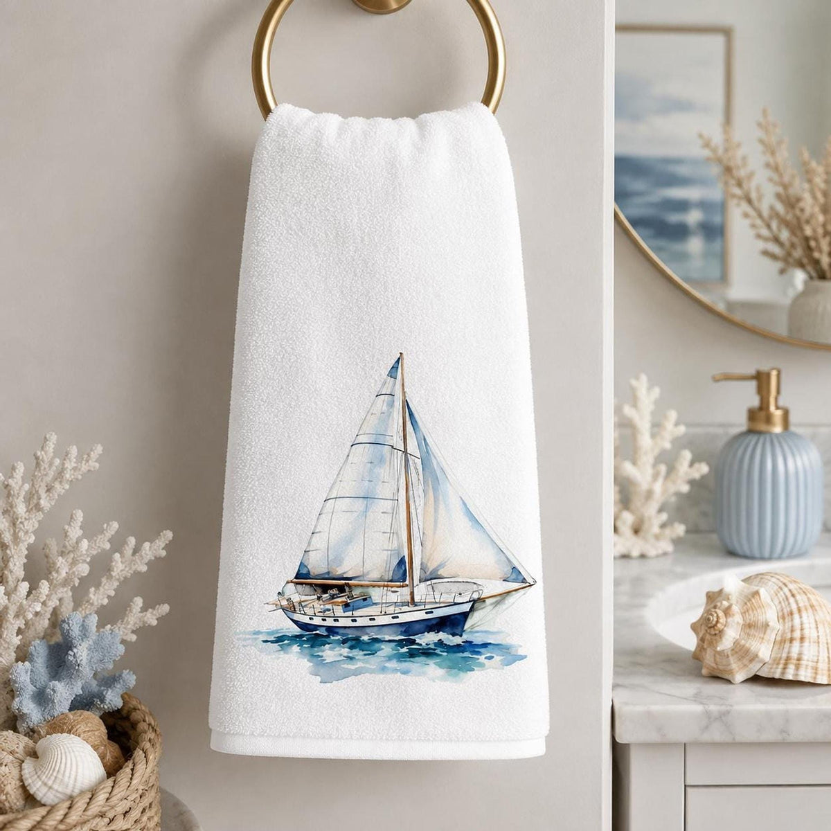 Powder Room Decor Watercolor Sailboat Bath Towel, Cotton Terry Cloth