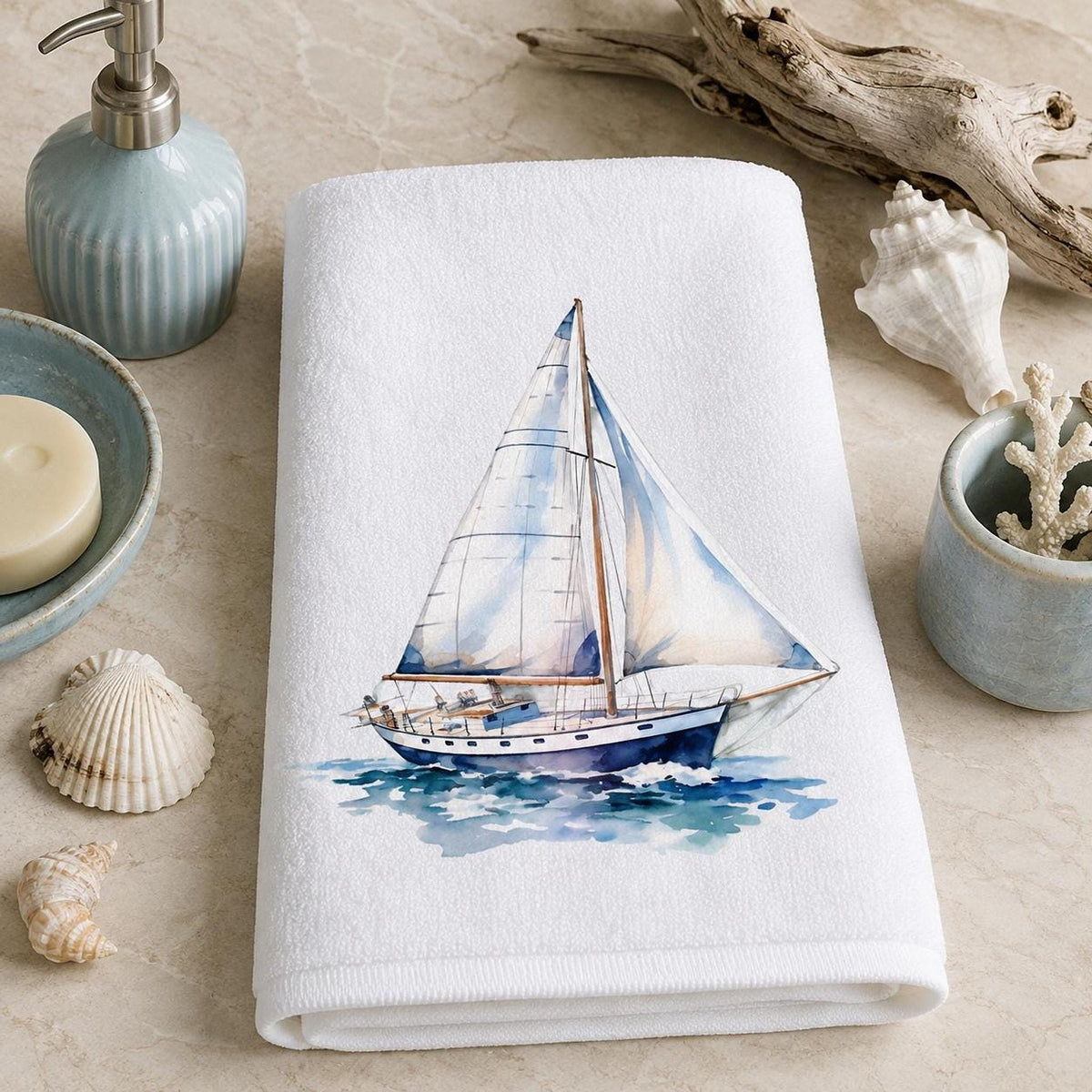 Powder Room Decor Watercolor Sailboat Bath Towel, Cotton Terry Cloth