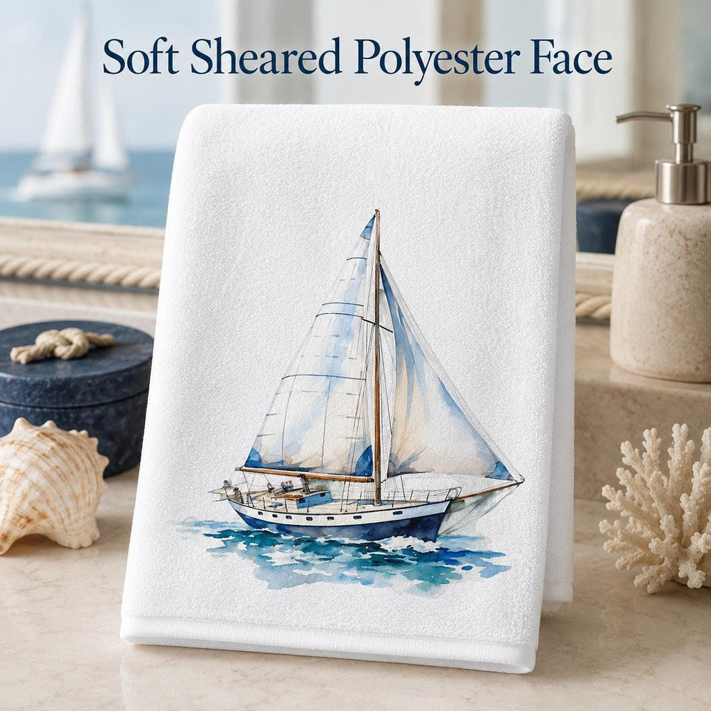 Powder Room Decor Watercolor Sailboat Bath Towel, Cotton Terry Cloth