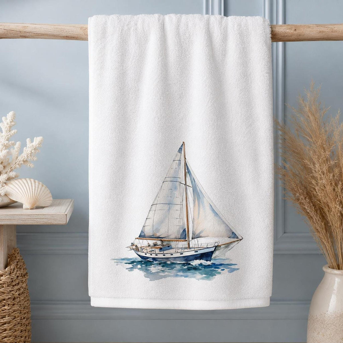 Powder Room Decor Watercolor Sailboat Bath Towel, Cotton Terry Cloth