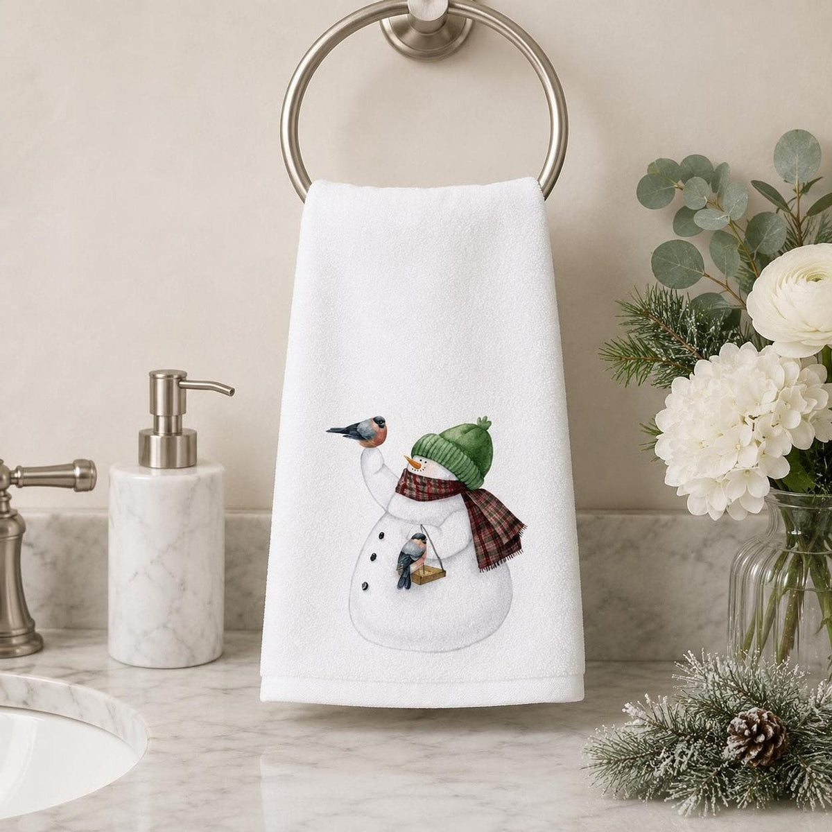 Christmas Guest Bath Snowman Hand Towel, Sheared Polyester Front, Cotton Terrycloth Back