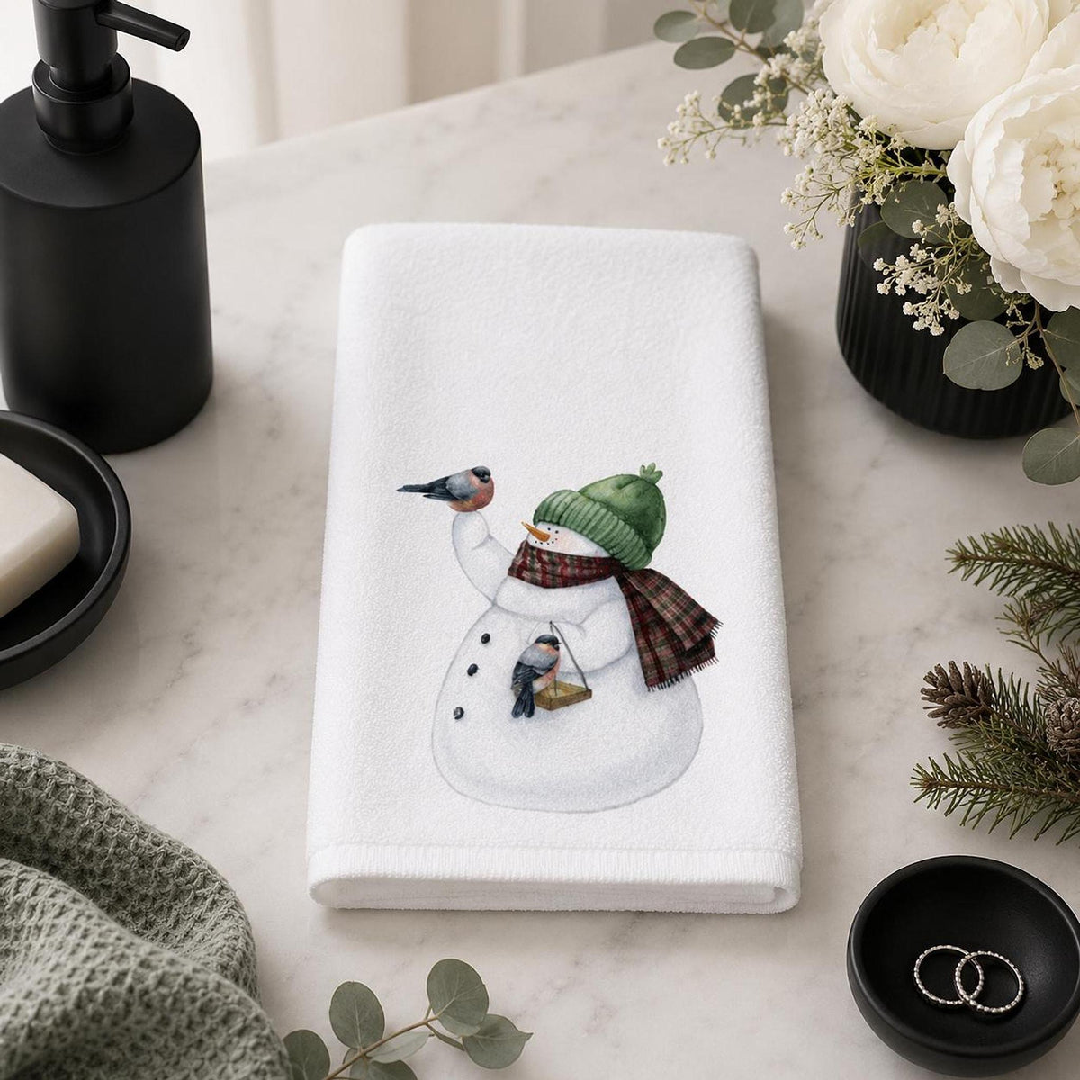 Christmas Guest Bath Snowman Hand Towel, Sheared Polyester Front, Cotton Terrycloth Back
