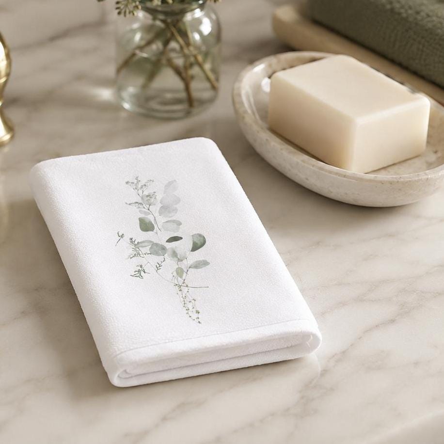 Eucalyptus Fingertip Towel, Botanical Guest Bath Decor, White Powder Room Accent
