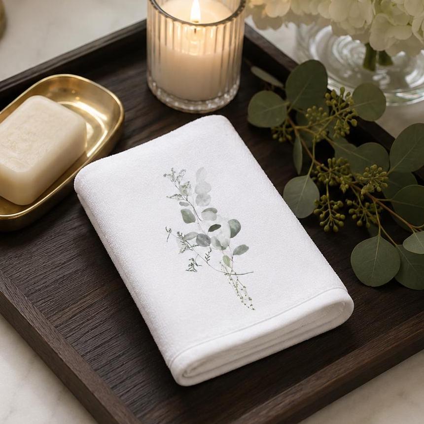 Eucalyptus Fingertip Towel, Botanical Guest Bath Decor, White Powder Room Accent