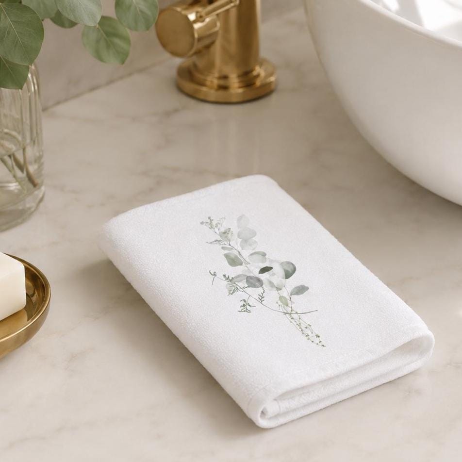 Eucalyptus Fingertip Towel, Botanical Guest Bath Decor, White Powder Room Accent