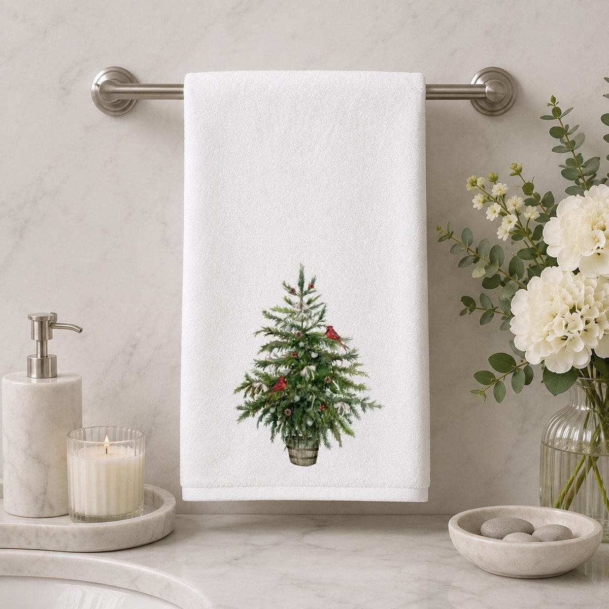 Cardinal Hand Towel, White Christmas Tree Design, Cotton Terrycloth Back