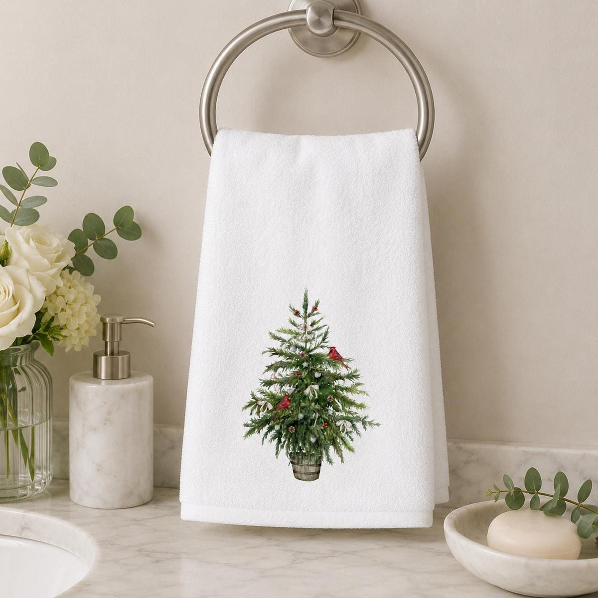 Cardinal Hand Towel, White Christmas Tree Design, Cotton Terrycloth Back