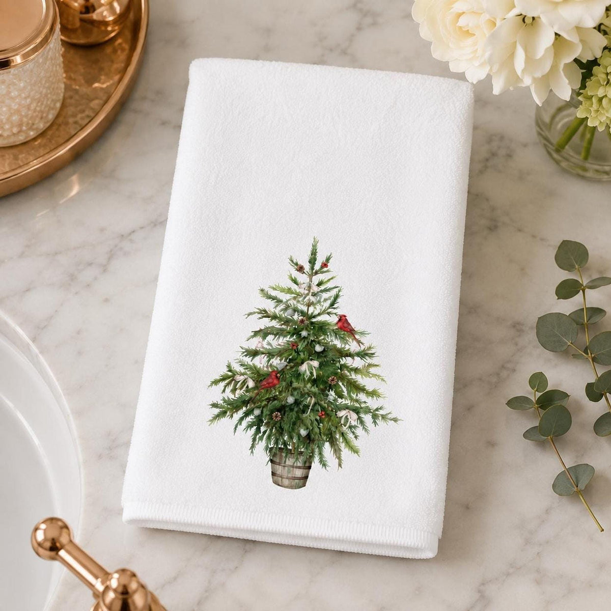 Cardinal Hand Towel, White Christmas Tree Design, Cotton Terrycloth Back