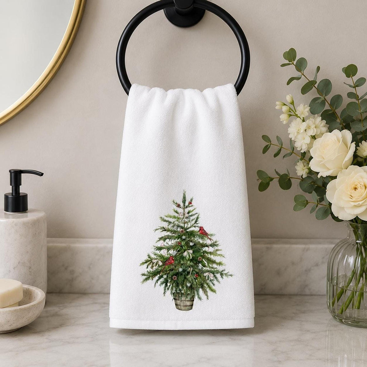 Cardinal Hand Towel, White Christmas Tree Design, Cotton Terrycloth Back