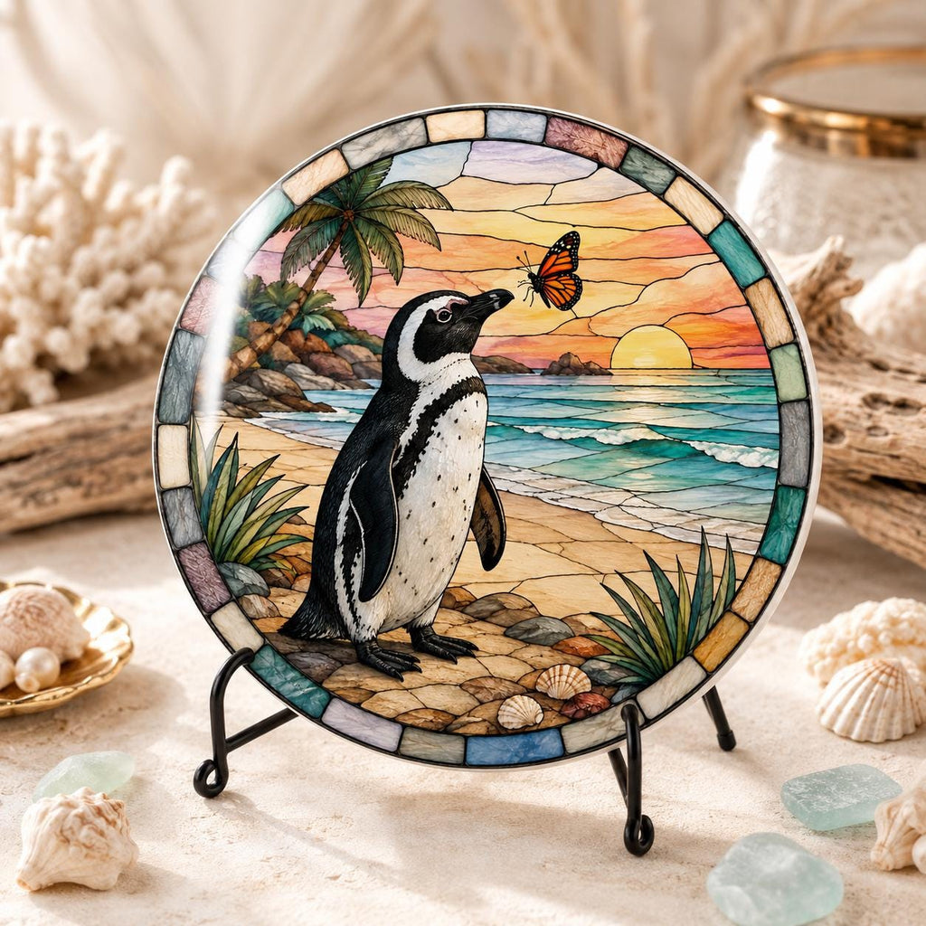 Penguin Ceramic Coaster, Coastal Sunset Decor, Beach Lover Gift, Whimsical Ocean Accent