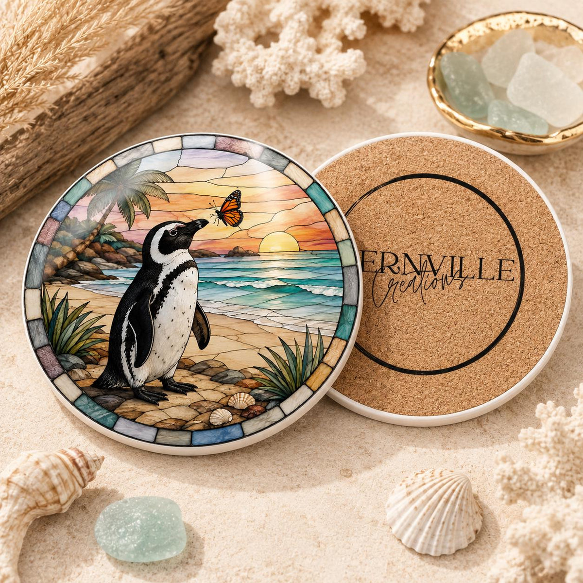 Penguin Ceramic Coaster, Coastal Sunset Decor, Beach Lover Gift, Whimsical Ocean Accent