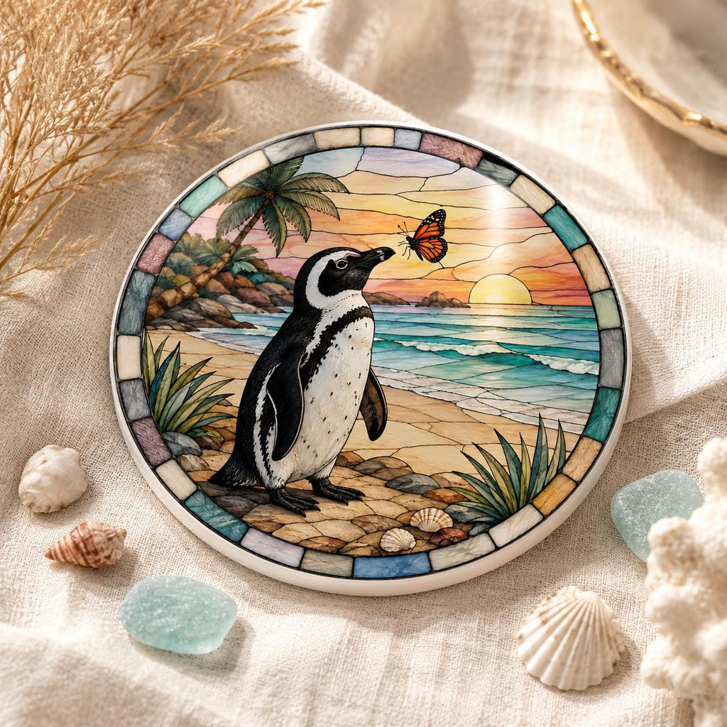Penguin Ceramic Coaster, Coastal Sunset Decor, Beach Lover Gift, Whimsical Ocean Accent