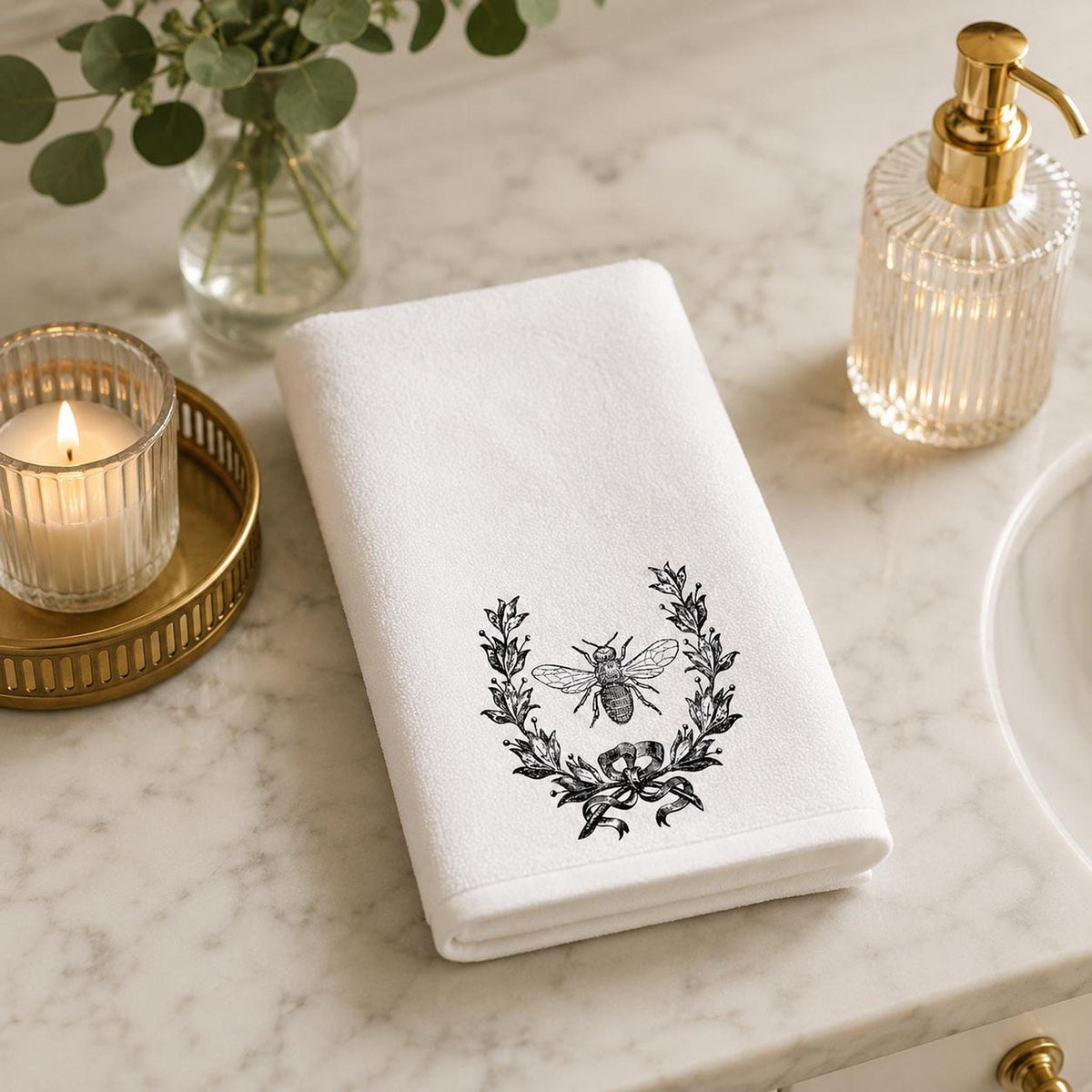 Bee Wreath Fingertip Towel, White Sheared Polyester Front, Cotton Terry Back