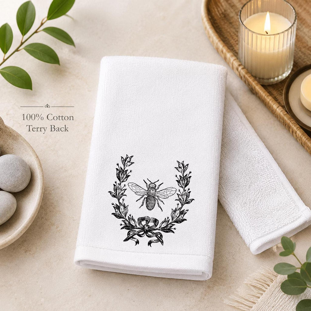 Bee Wreath Fingertip Towel, White Sheared Polyester Front, Cotton Terry Back