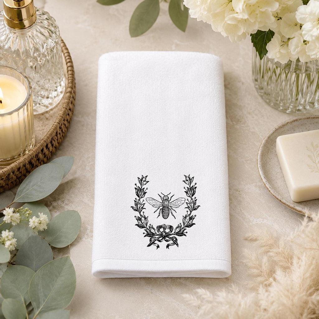 Bee Wreath Fingertip Towel, White Sheared Polyester Front, Cotton Terry Back