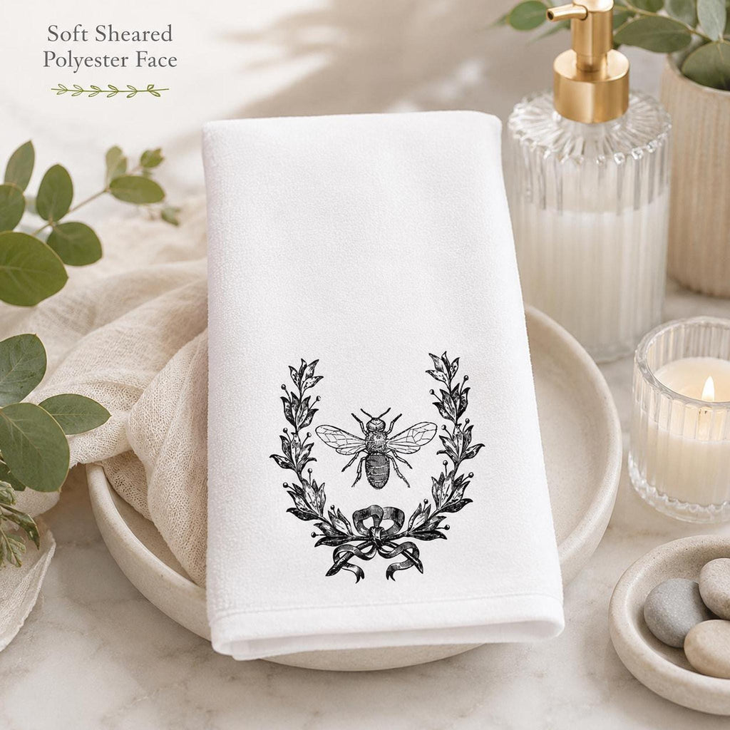 Bee Wreath Fingertip Towel, White Sheared Polyester Front, Cotton Terry Back