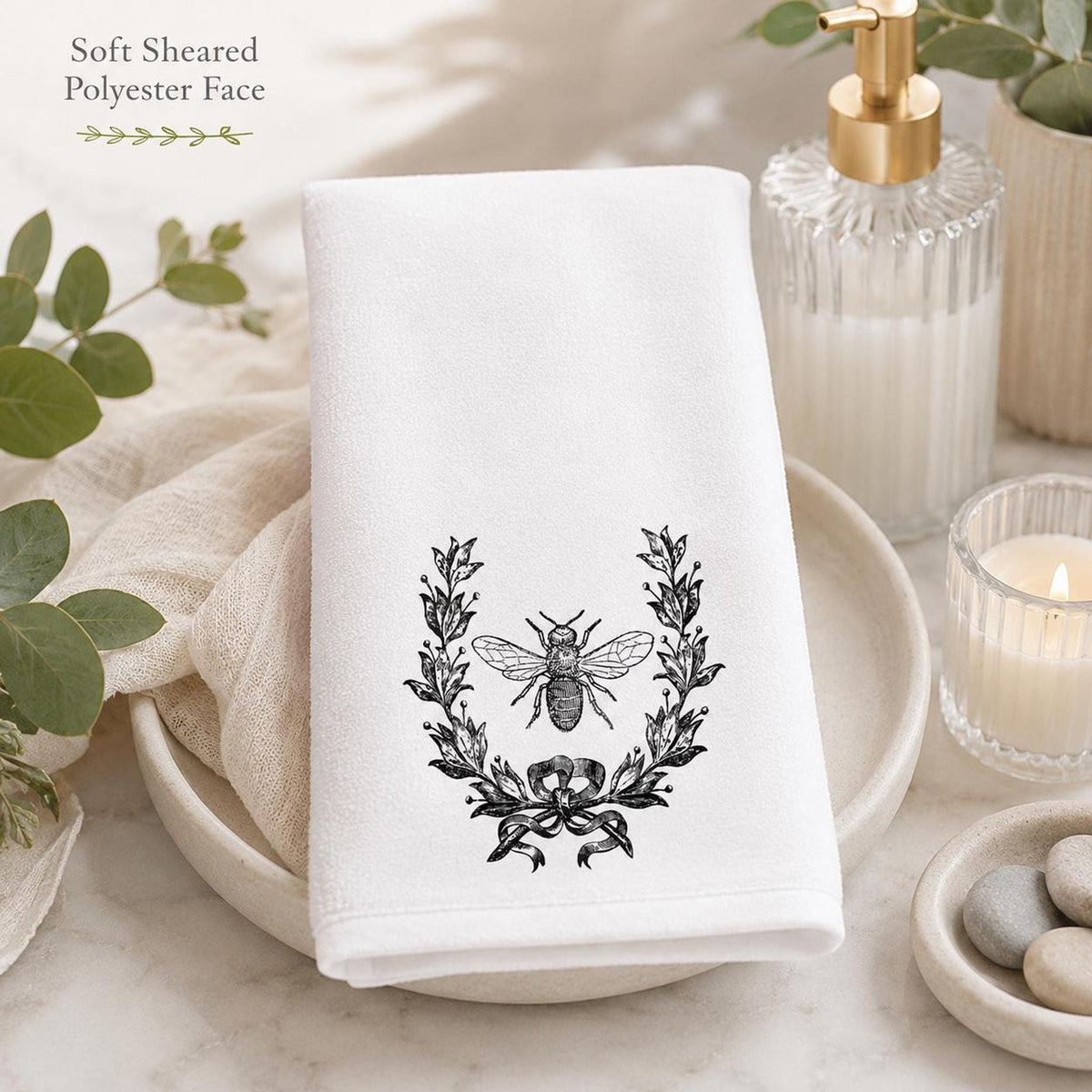 Bee Wreath Fingertip Towel, White Sheared Polyester Front, Cotton Terry Back
