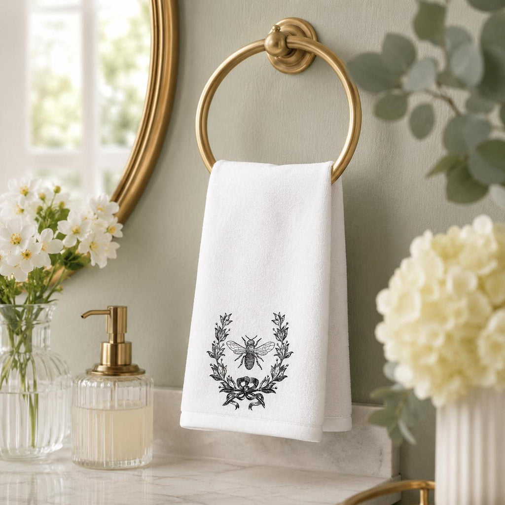 Bee Wreath Fingertip Towel, White Sheared Polyester Front, Cotton Terry Back