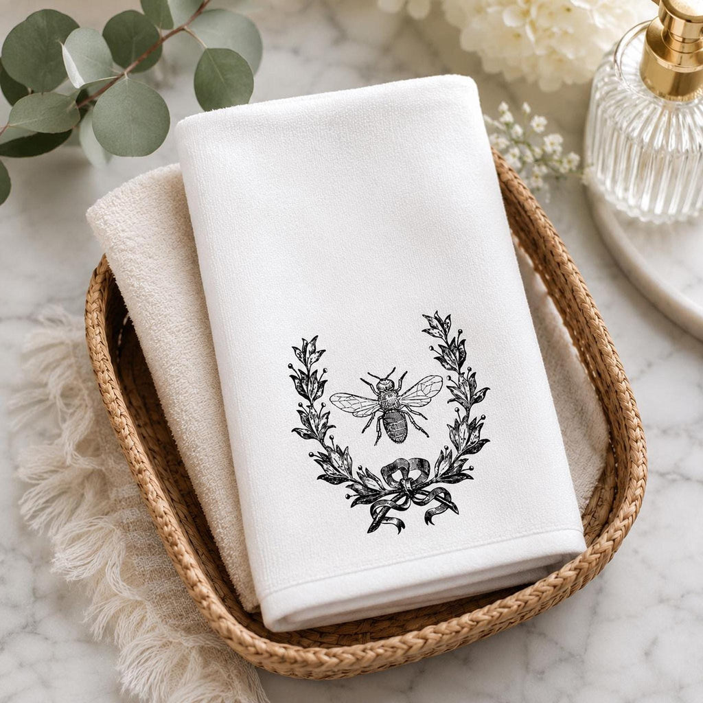 Bee Wreath Fingertip Towel, White Sheared Polyester Front, Cotton Terry Back