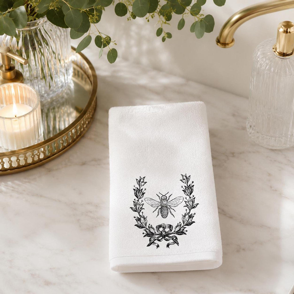 Bee Wreath Fingertip Towel, White Sheared Polyester Front, Cotton Terry Back