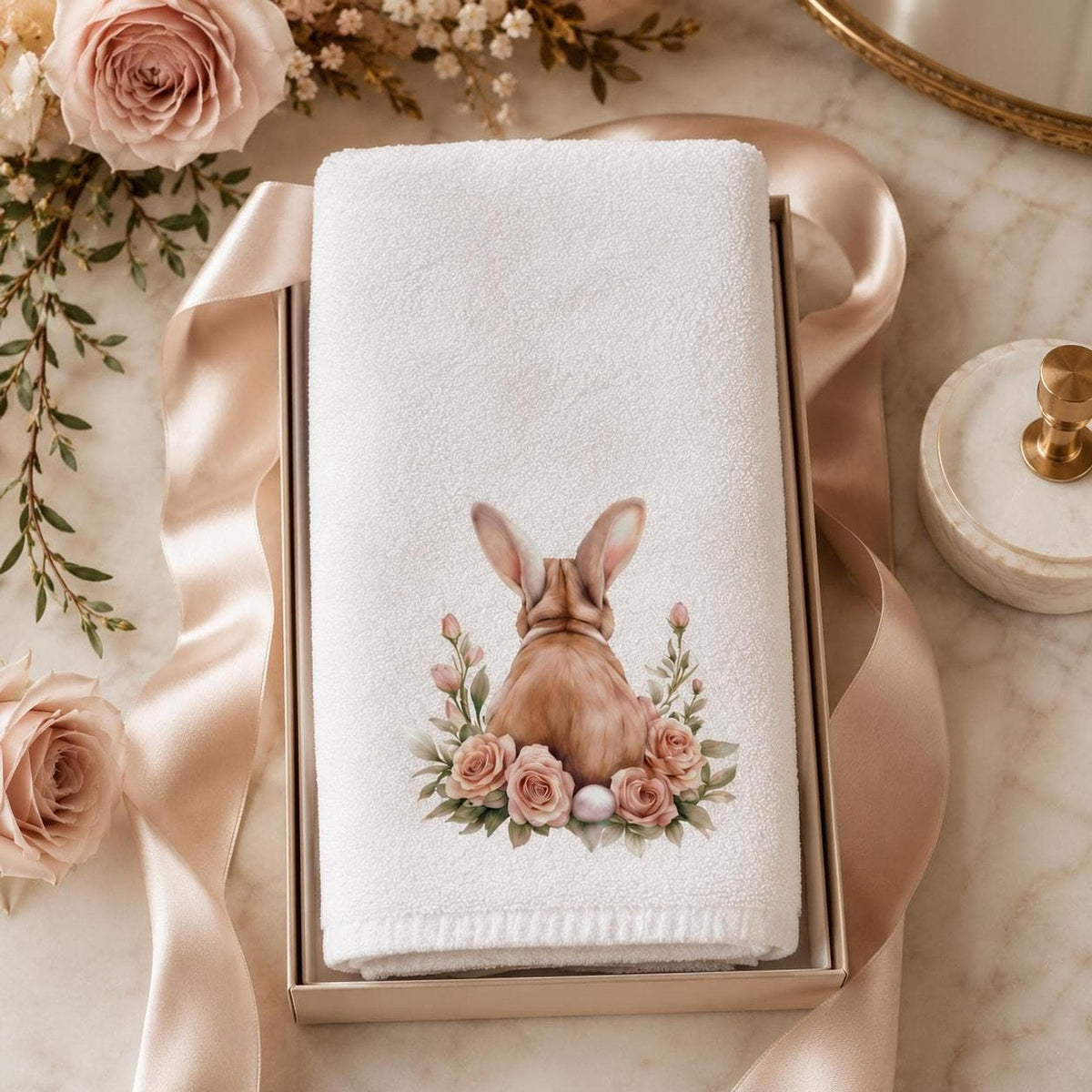 Easter Bunny Hand Towel, Floral Rabbit Decor, Spring Guest Bath Accent, Pastel Gift