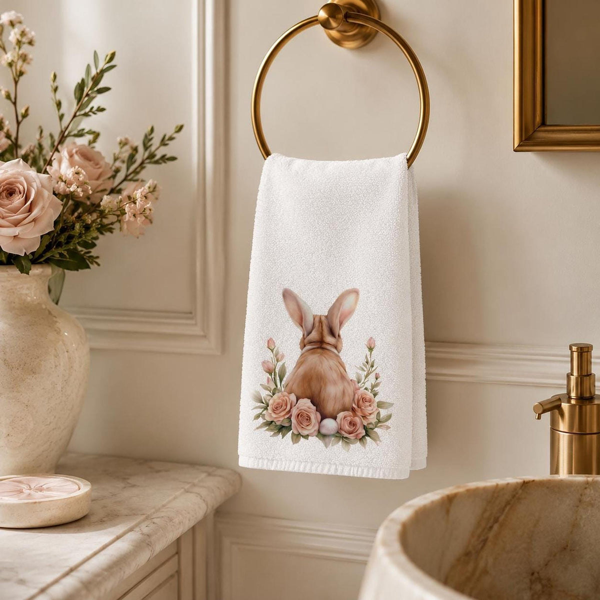 Easter Bunny Hand Towel, Floral Rabbit Decor, Spring Guest Bath Accent, Pastel Gift